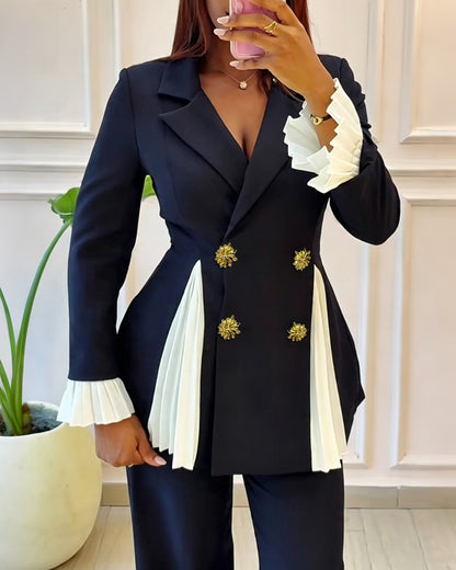 Women's Contrast Pleated Blazer Double Breasted Cinch Waist Coat