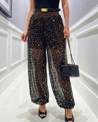 Women's Leopard Print Chiffon Jogger Pants Rhinestones Sexy Sheer High Waisted Balloon Pants