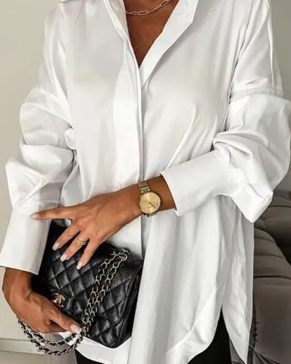 Women's Cotton Oversized Button Down Shirt Long Sleeve Blouse Casual Curved Hem Top