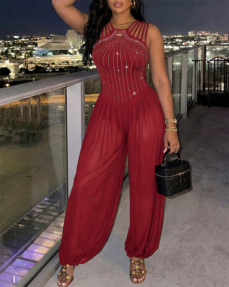 Women's Rhinestone Cutout Jumpsuit Sleeveless Sheer Chiffon Lantern Leg Overalls