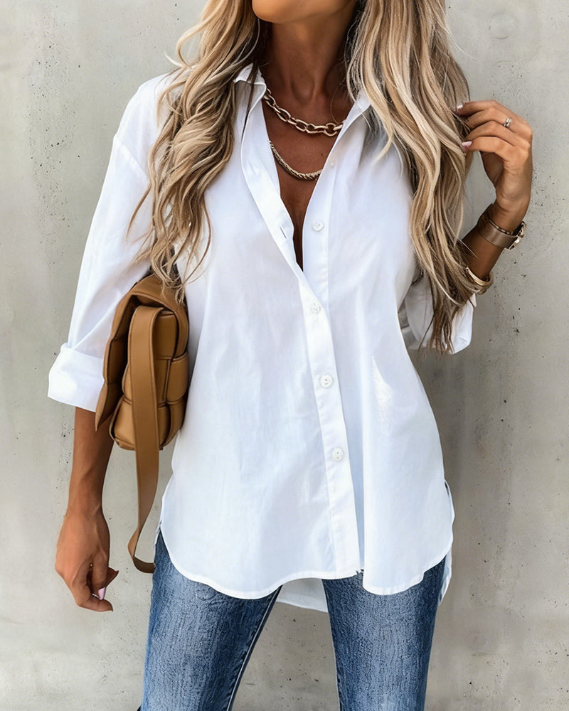 Turn-down Collar Long Sleeve Guipure Lace & Sheer Mesh Spliced Back Curved Hem Shirt Casual Button Front High-Low Hem Top
