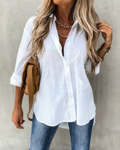 Turn-down Collar Long Sleeve Guipure Lace & Sheer Mesh Spliced Back Curved Hem Shirt Casual Button Front High-Low Hem Top