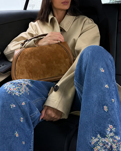 Women's High Waisted Floral Embroidered Flare Jeans Washed Denim Pants
