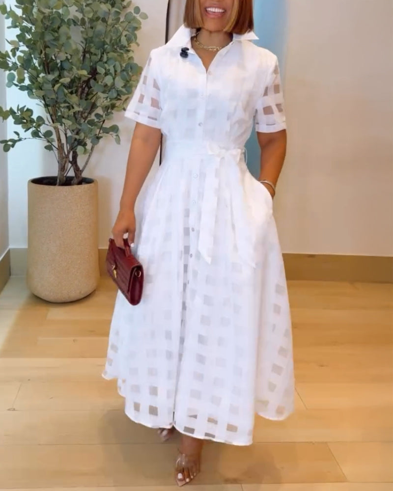 Turn Down Collar Plaid Mesh Double Layered Cinched Waist Maxi Dress Button Down Bow Tie Waist Commuting Dress