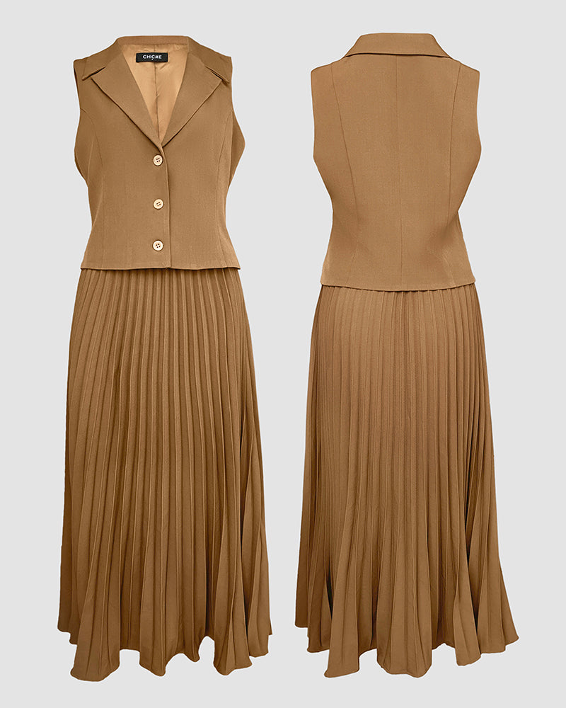 Turn-down Collar Sleeveless Button Vest and Casual Pleated Skirt Sets