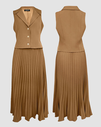 Turn-down Collar Sleeveless Button Vest and Casual Pleated Skirt Sets