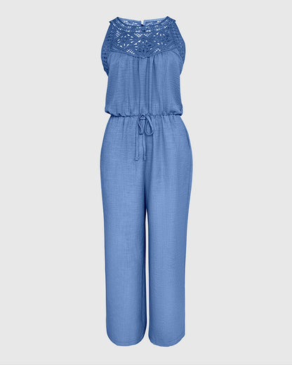 Women's Halter Jumpsuit Lace Trim Backless Overalls Tied Detail Wide Leg Jumpsuit with Pockets