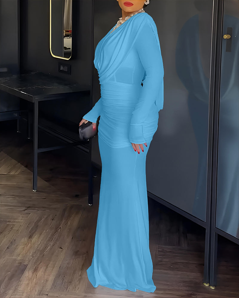 Cowl Neck Ruched Zipper Back Slim Fit Maxi Dress Casual Padded Shoulders Backless Evening Dress