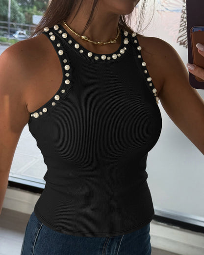 Women's Pearls Rhinestone Knit Racerback Tank Top Ribbed Crewneck Sleeveless Top
