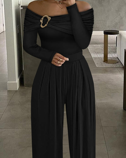 Metal Ring Decor Off Shoulder Ruched High Waist Jumpsuit Casual Cinched Waist Wide Leg Jumpsuit