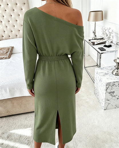 Women's Skew Neck Slit Sweatshirt Dress Casual Long Sleeve Drawstring Waist Midi Dress