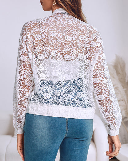 3D Flower Decor Stand Collar Zipper Front Sheer Lace Crop Jacket Casual Stretchy Cuffs Lightweight Breathable Loose Fit Coat