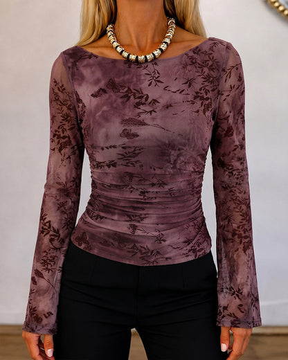 Women's Vintage Flocked Floral Boat Neck Ruched Mesh Top Long Flare Sleeve Crop Pullover