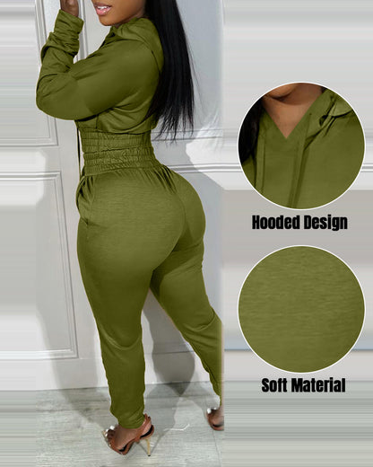 2 Pieces Outfit Drop Shoulder Kangaroo Pocket Stretchy Hem Crop Drawstring Hoodie Sweatshirt And Drawstring Elastic Waist Jogger Sweatpants Casual Tracksuit