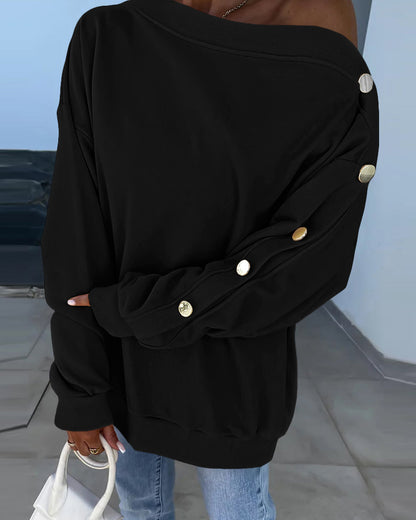 Skew Neck Buttoned Sweatshirt Casual Long Sleeve Pullover Tops Outfits