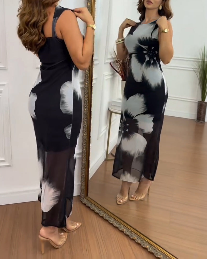 Women's Floral Print Mesh Mermaid Dress Backless Side Slit Bodycon Maxi Dress Elegant Wedding Guest Party Gown