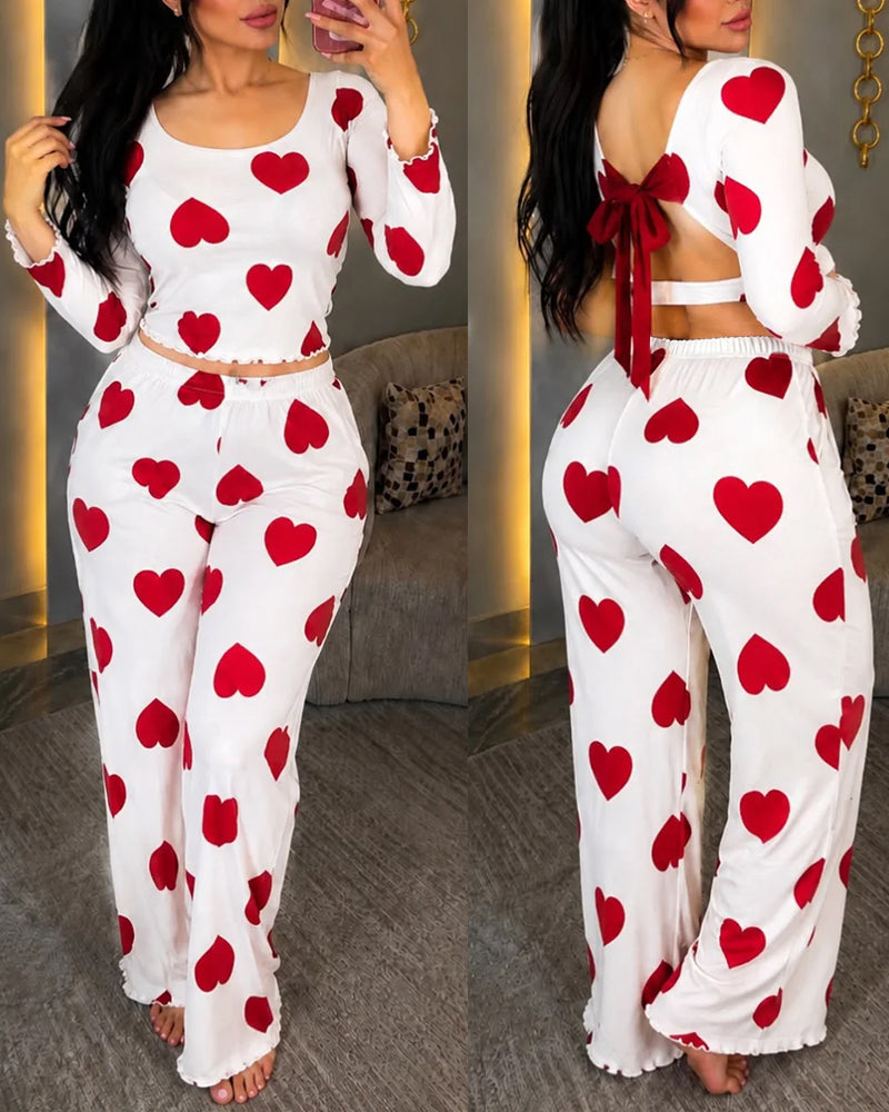 Women's Heart Print Pajama Set Backless Tied Detail Crop Top and High Waist Straight Leg Pants