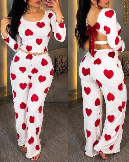 Women's Heart Print Pajama Set Backless Tied Detail Crop Top and High Waist Straight Leg Pants