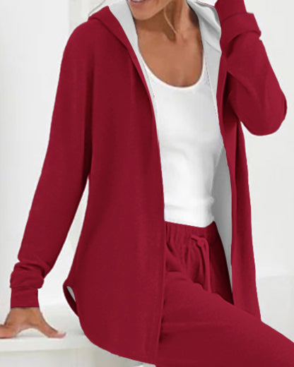 2 Piece Open Front Long Sleeve Hooded Top Drawstring Cuffed Pants Lounge Outfit Tracksuit Set