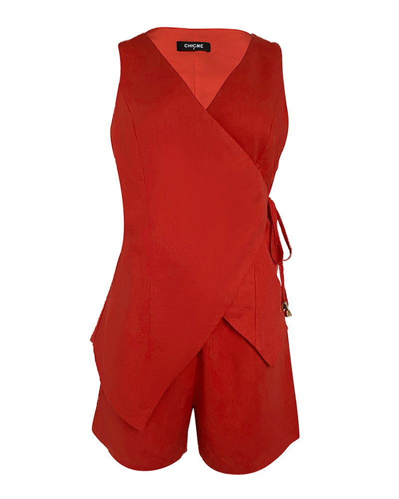 2 Pieces Outfit Plain Wrap V Neck Criss Cross Tied Detail Linen Top and Casual Pockets Patch Shorts Set