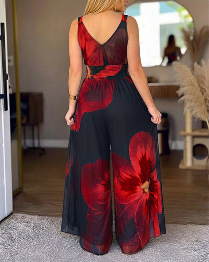 Women's Floral Print Mesh Jumpsuit V Neck Shirred Waist Wide Leg Overalls Backless Sleeveless Jumpsuit with Pockets
