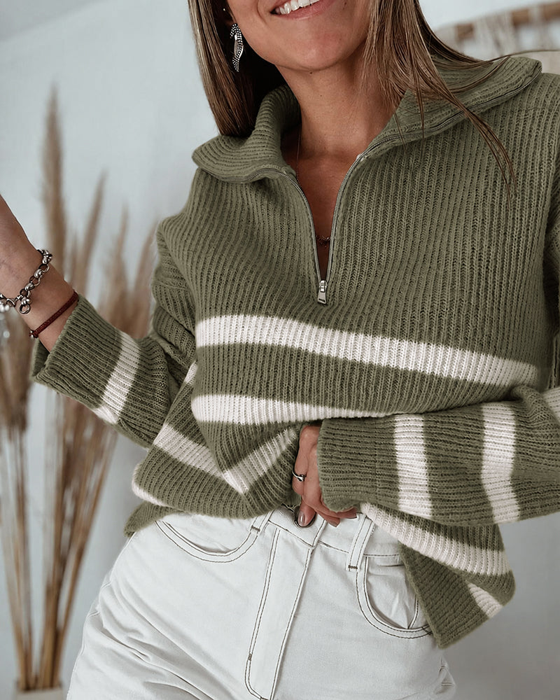 Women's Half Zip Striped Sweater Colorblock Turn-down Collar Knit Pullover Drop Shoulder Loose Fit Top