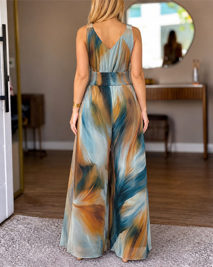 Women's Vintage Tie Dye Print Mesh V-Neck Shirred Waist Wide-Leg Jumpsuit with Lining