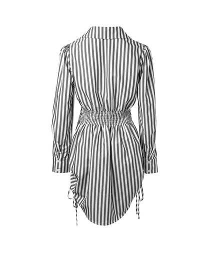 Striped Turn-down Collar Long Sleeve Dress Button Drwastring  Shirred Dress