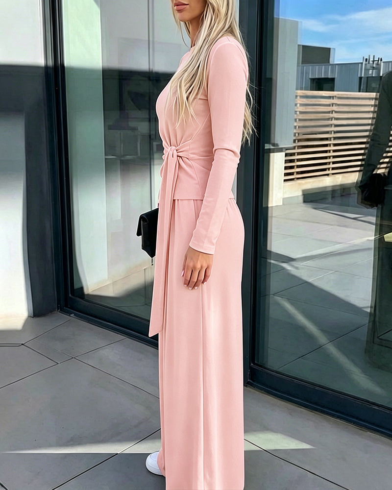 Women's 2 Piece Knit Lounge Set Long Sleeve Tie Waist Top and High Waisted Wide Leg Pants Casual Soft Sweatsuit with Pockets