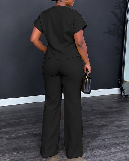 Women's 2 Piece Outfits Short Sleeve Button Down Top and Straight Leg Pants Set Casual Commuter Suits