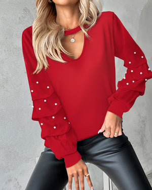 Langärmliges Pullover-Oberteil mit Schlüssellochausschnitt, ausgehöhltes Blusen-Oberteil mit Perlen