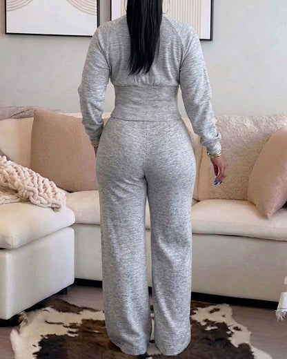 2 Pieces Outfit O-neck Long Sleeve Cinched Waist Sweatshirt and Elastic Waist Wide Leg Pants Set Casual Seam Design Sweatpants Set