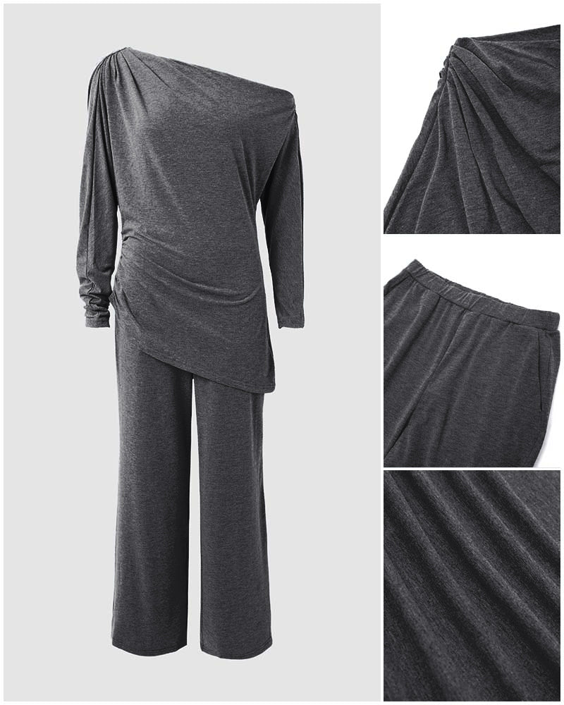 Conjunto informal de 2 piezas para mujer, con top de escote asimétrico fruncido y bajo asimétrico, y pantalones de pierna ancha