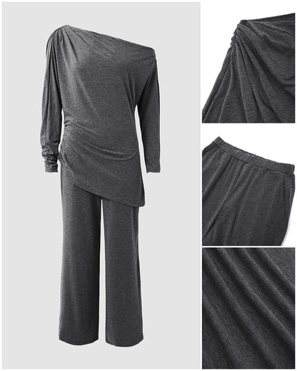Conjunto informal de 2 piezas para mujer, con top de escote asimétrico fruncido y bajo asimétrico, y pantalones de pierna ancha