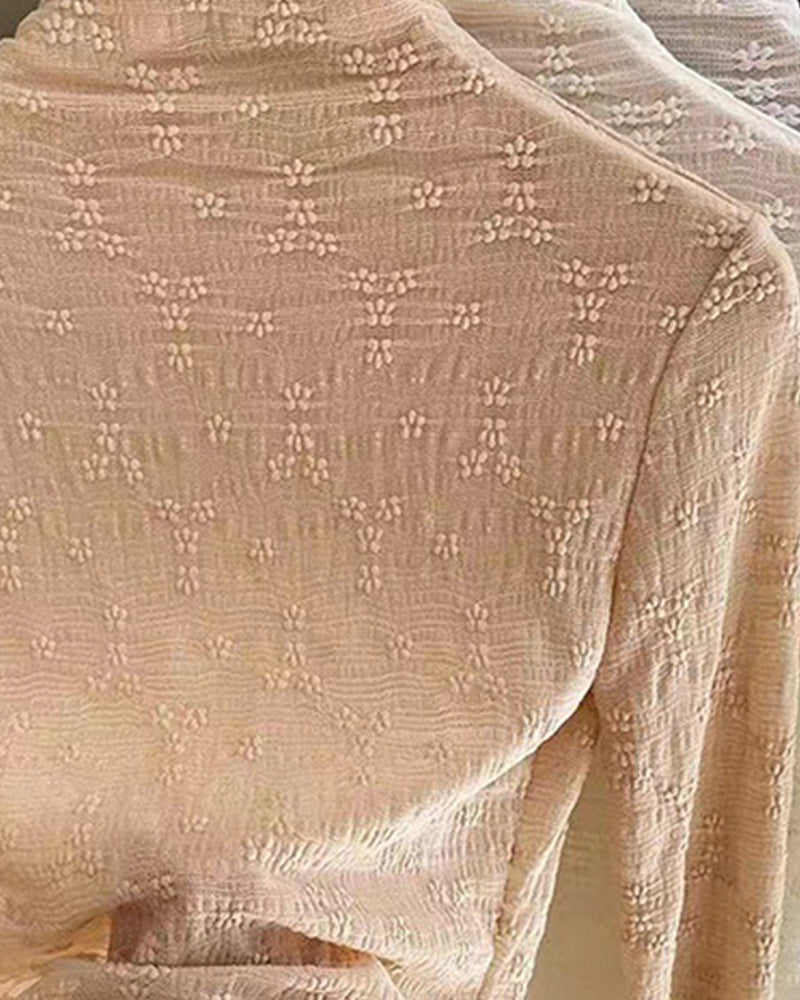 Lace Frill Hem Mock Neck Long Sleeve T-Shirt Sexy Floral Sheer Mesh Hollow Out Top