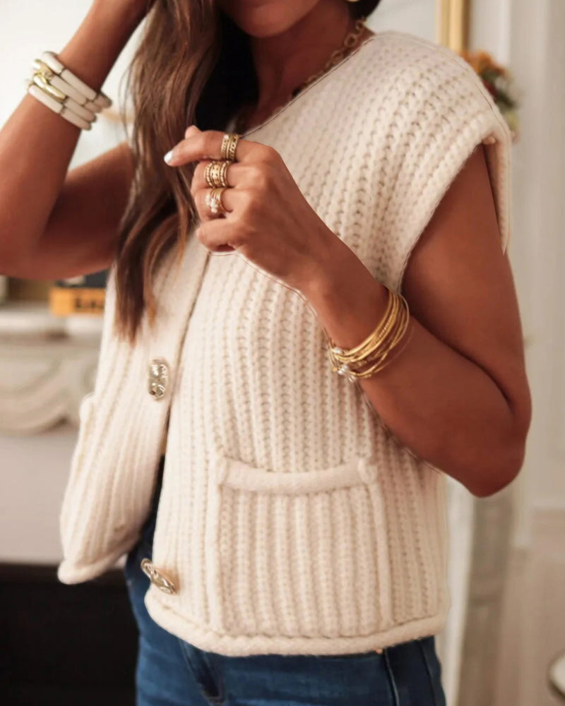 V-Neck Sleeveless Button Front Knit Vest Casual Loose Fit Sweater Top with Pockets