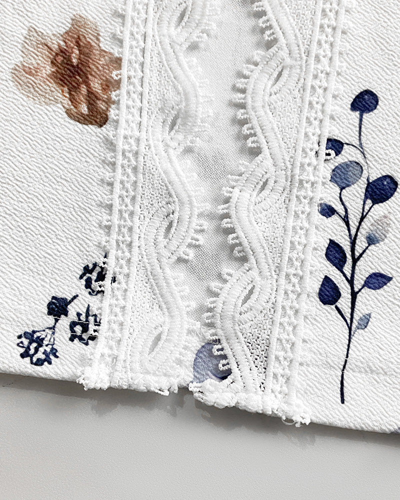 Floral Print Open Front Long Sleeve Casual Contrast Lace Short Cardigan