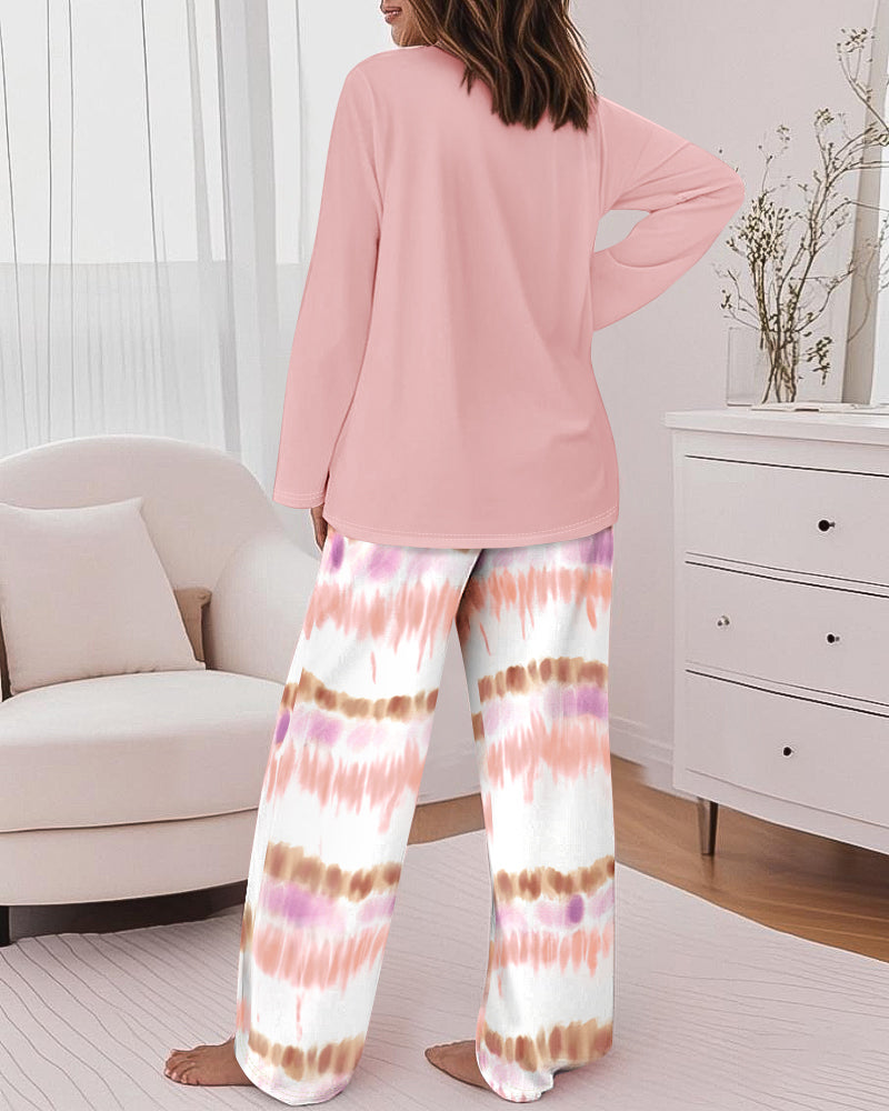 2 Pieces Outfit Letter Placement Print Long Sleeve Drop Shoulder Top and Ombre Loose Fit Pants Set Casual Pajamas Set