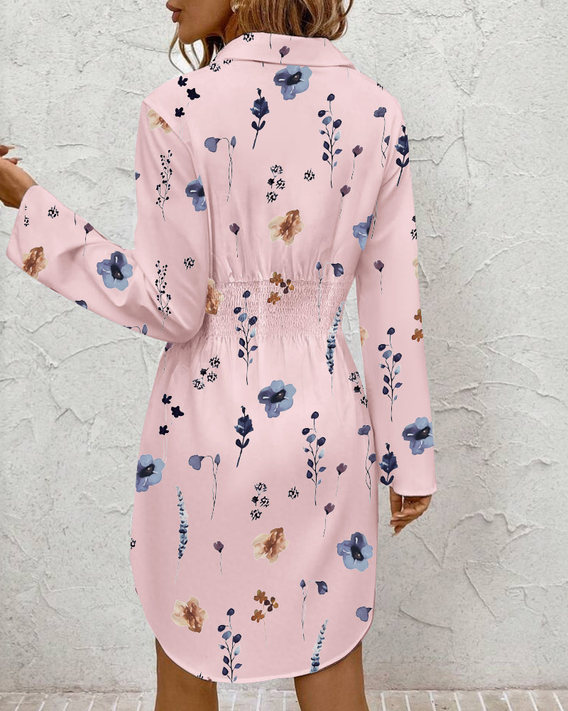 Watercolor Floral Print Turn-down Collar Turn-Up Sleeves Shirred Back Shirt Dress Casual Button Down Cinched Waist Asymmetrical Hem Vacation Dress