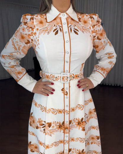 Floral Placement Print Turn-down Collar Puff Sleeve Vacation Dress Casual Button Down Shirt Dress With Belt and Lining