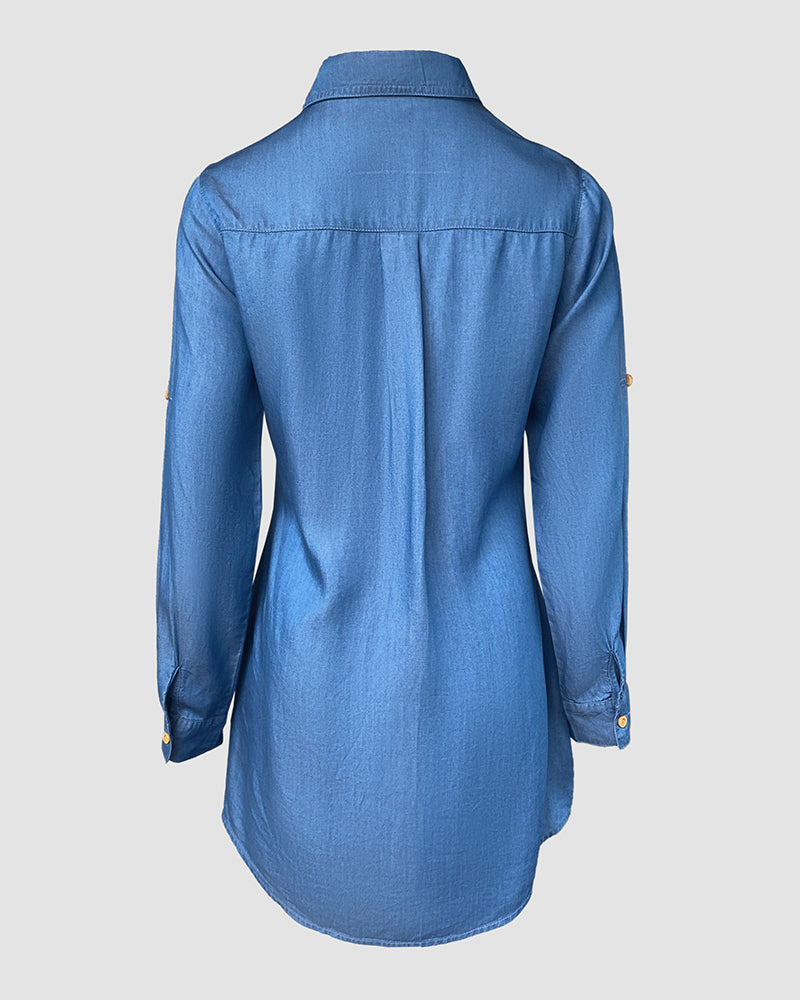 Turn-down Collar Turn-Up Sleeves Button Down Denim Shirt Dress Casual Flap Pockets Decor Asymmetrical Hem Dress