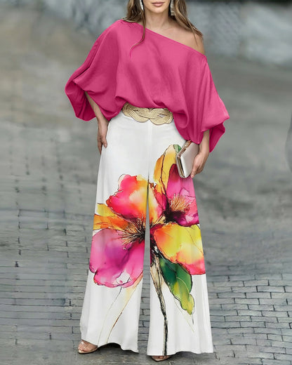 2 Pieces Outfit Skew Neck Batwing Sleeve Stretchy Hem Top and Watercolor Floral Print Zipper Fly Elastic Back Waist Wide Leg Pants Set Casual Loose Fit Set