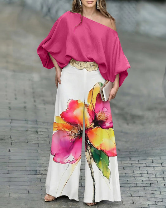 2 Pieces Outfit Skew Neck Batwing Sleeve Stretchy Hem Top and Watercolor Floral Print Zipper Fly Elastic Back Waist Wide Leg Pants Set Casual Loose Fit Set