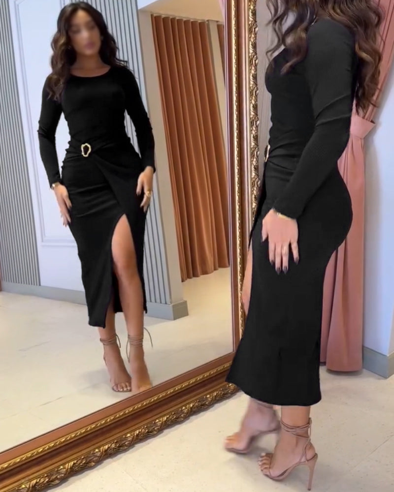 Metal Ring Decor Wrapped Slit Ribbed Commuting Dress Cinched Waist Slim Fit Mid Length Dress