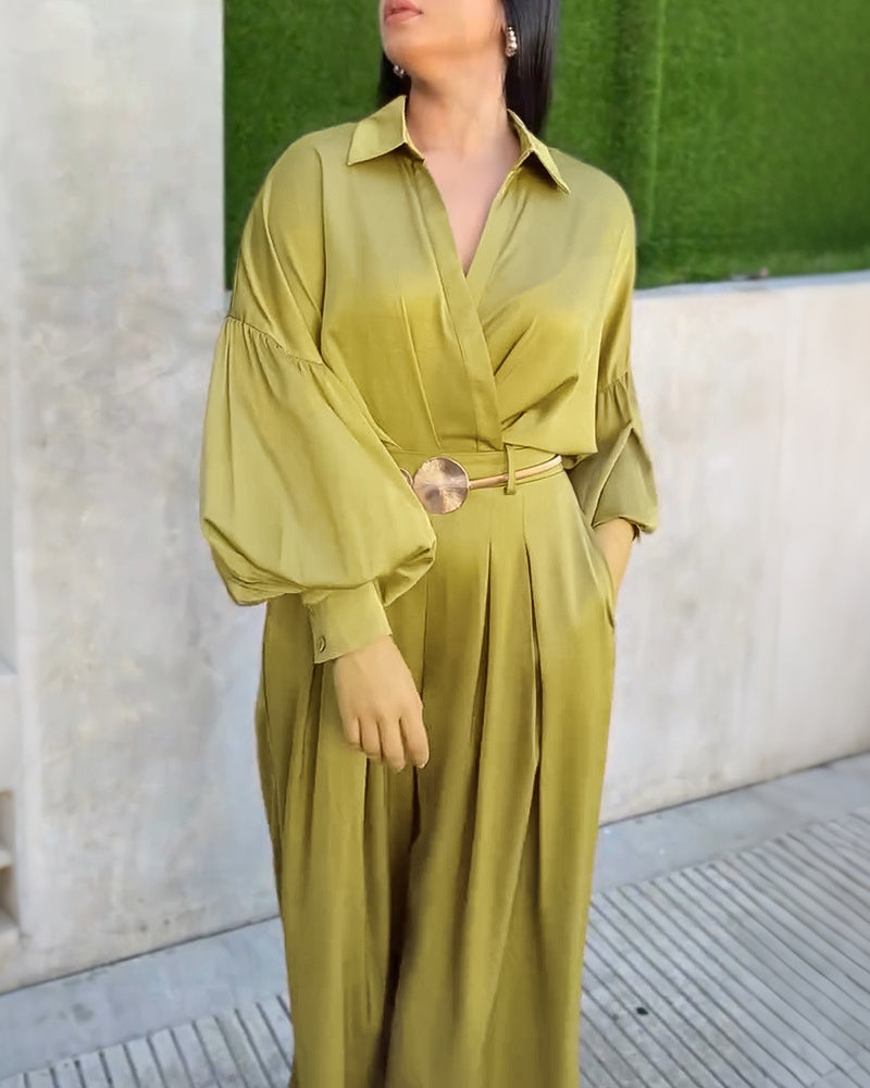 Women's Two Piece Satin Outfit Turn-down Collar Wrap Crop Shirt and Wide Leg Pants Set Elegant Matching Set
