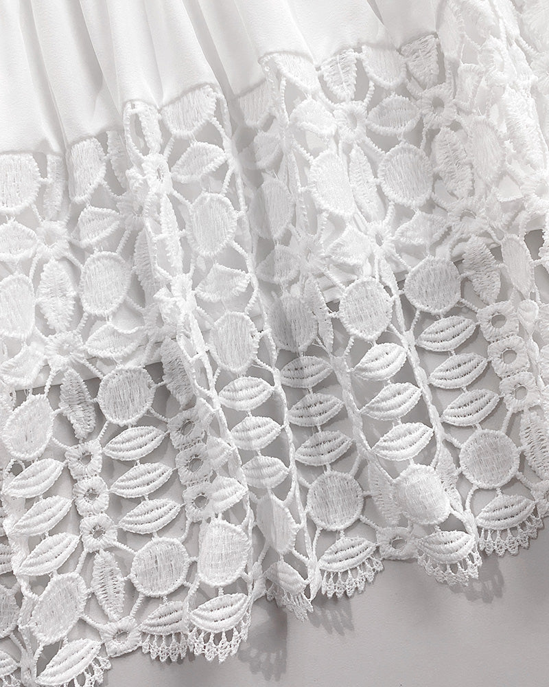 Contrast Lace Hollow Out Long Sleeve Blouse Dress Casual Tied Detail Mini Dress