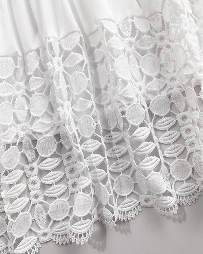 Contrast Lace Hollow Out Long Sleeve Blouse Dress Casual Tied Detail Mini Dress