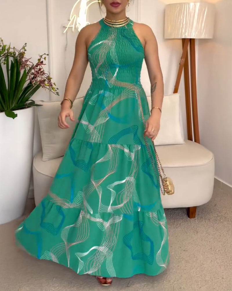 Abstract Line Print Halter Sleeveless Ruffle Hem Dress Casual Shirred Cinched Waist Maxi Dress