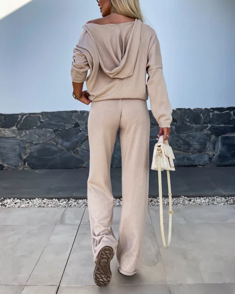 Women's Two-Piece Knit Set Long Sleeve Hoodie Top and Wide-Leg Pants Set Casual Cozy Lounge Outfit