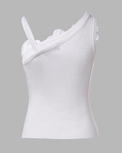 2 Pack Solid 3D Flower Tank Top Asymmetrical Neck Sleeveless Casual Ribbed Knit Camisole